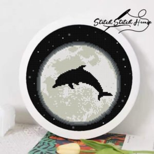 Silhouette of a dolphin jumping over the moon cross stitch pattern digital download