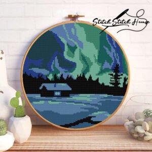Northern Lights Winter Cabin: Circular Scenery Cross Stitch Pattern Aurora DIY PDF
