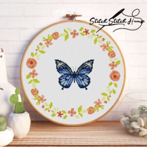 Blue Butterfly Floral Wreath Cross Stitch Pattern - Elegant Botanical DIY Embroidery