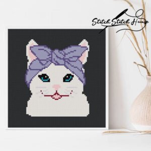 British Shorthair with Purple Headband Cross Stitch Pattern - Cute Cat DIY Embroidery