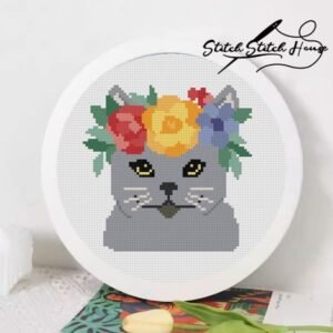 British Shorthair with Flower Wreath Cross Stitch Pattern - Cute Cat Lover DIY Embroidery