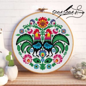 Chicken Folk Art Cross Stitch Pattern - Traditional Floral Rooster DIY Embroidery