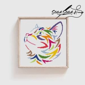 Colorful Cat Looking Up Cross Stitch Pattern - Modern Abstract Animal DIY Embroidery