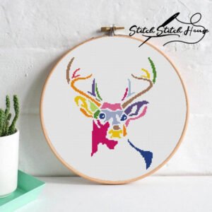 Colorful Deer Abstract Geometric Cross Stitch Pattern - Modern Animal DIY Embroidery