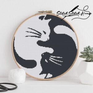 Cuddle Cats Black and White Cross Stitch Pattern - Modern Yin Yang Feline DIY Embroidery