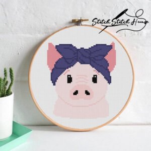 Cute Pig with Purple Headband Cross Stitch Pattern - Farm Animal DIY Embroidery