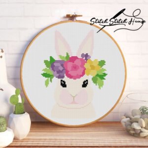 Cute Rabbit with Flower Wreath Cross Stitch Pattern - Bunny Lover DIY Embroidery