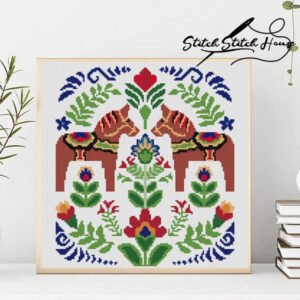 Dala Horse Folk Art Cross Stitch Pattern - Nordic Scandinavian DIY Embroidery