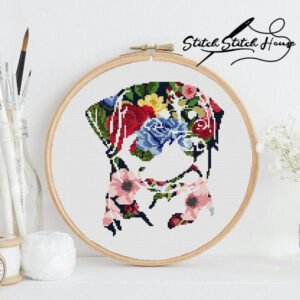 Vibrant Floral Dog Cross Stitch Pattern - Modern DIY Embroidery PDF Chart