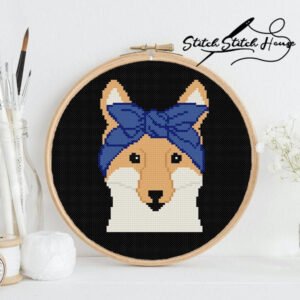Fox with Blue Headband Cross Stitch Pattern - Modern Forest Animal DIY Embroidery