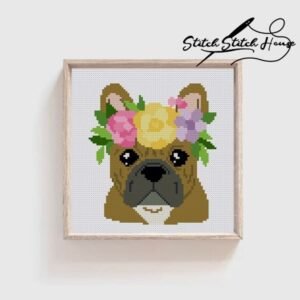 English: French Bulldog with Flower Wreath Cross Stitch Pattern - Cute Dog Lover DIY Embroidery