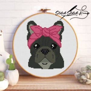 Cute black French Bulldog wearing a pink knotted headband cross stitch pattern for dog lovers