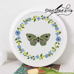 Green Butterfly in Floral Wreath Cross Stitch Pattern - Modern Botanical DIY Embroidery