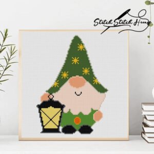 Christmas Lantern Gnome Cross Stitch Pattern - Green Hat DIY Holiday Embroidery PDF