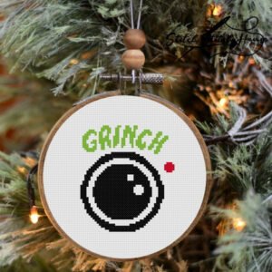 Grinch Cam Eye Cross Stitch Pattern for Christmas tree ornament with green hair and red light