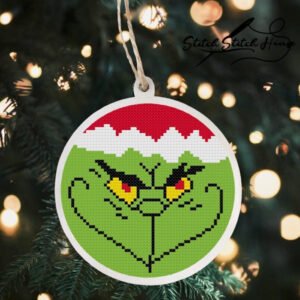 Grinch Face Wearing Santa Hat Round Cross Stitch Pattern for Handmade Ornament