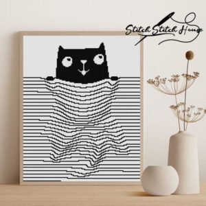 Hiding Cat Minimalist Cross Stitch Pattern - Modern Black & White DIY Embroidery Chart