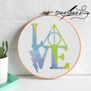 Artistic watercolor style Love sign wizard symbol with lightning bolt and deathly hallows in blue and yellow tones cross stitch pattern DIY embroidery chart