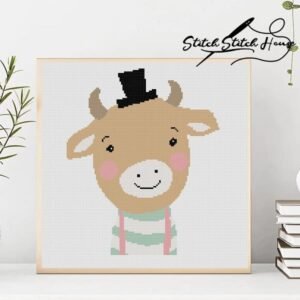 Lovely Calf Party Cross Stitch Pattern - Farmhouse Animal DIY Embroidery Design