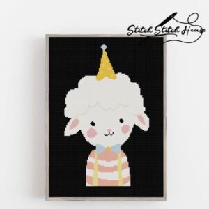 Handmade cross stitch pattern of a fluffy white sheep wearing a yellow party hat and pink striped shirt on a dark background