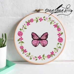 Pink Butterfly Floral Wreath Cross Stitch Pattern - Dreamy Botanical DIY Embroidery