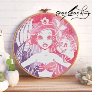 Artistic watercolor style Princess Ariel Little Mermaid portrait with Flounder in pink and purple tones cross stitch pattern DIY embroidery cha
