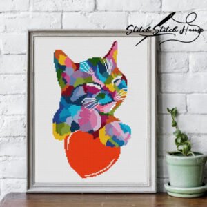 Rainbow Cat Heart Abstract Art Cross Stitch Pattern - Modern DIY Embroidery Design