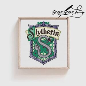 Slytherin house crest featuring a detailed serpent mascot with green and silver shield cross stitch pattern DIY embroidery chart