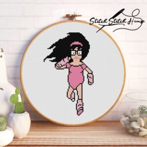 Tina Belcher wearing pink aerobics leotard with long black hair pixel art cross stitch pattern