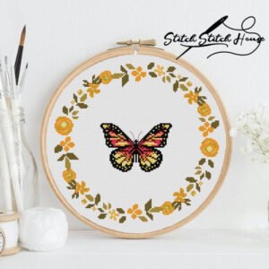 Red Butterfly in Golden Flower Wreath Cross Stitch Pattern - Vibrant DIY Embroidery