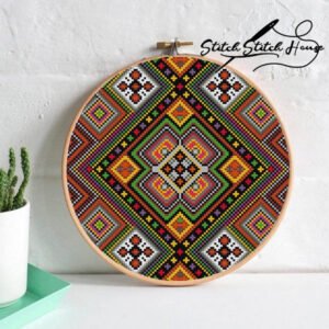 Colorful vintage geometric folk art mandala cross stitch pattern design