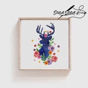Watercolor Flowers Reindeer Cross Stitch Pattern - Modern DIY Embroidery PDF Chart