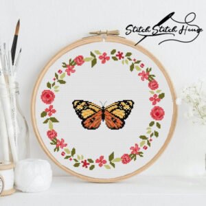 Yellow Butterfly Flower Wreath Cross Stitch Pattern - Rustic Floral DIY Embroidery Design