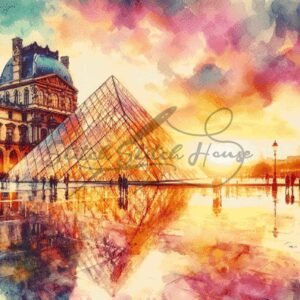 Artistic watercolor Louvre Museum Paris sunset cross stitch pattern for handmade embroidery