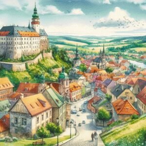 Artistic watercolor Cesky Krumlov Czech Republic town and castle cross stitch pattern for handmade Bohemian embroidery