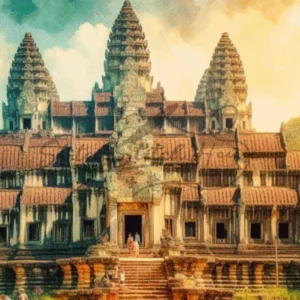 Stunning watercolor Angkor Wat Cambodia cross stitch pattern for handmade temple embroidery