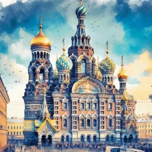 Intricate watercolor Church of the Savior on Spilled Blood Saint Petersburg Russia cross stitch pattern for handmade Russian architecture embroidery