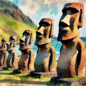 Artistic watercolor Easter Island Moai statues Chile cross stitch pattern for handmade historical embroidery