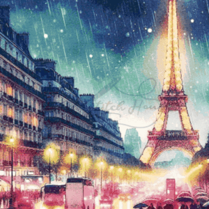 Detailed cross stitch pattern of Eiffel Tower at night with rainy street lights and pedestrians in Paris