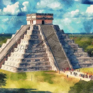 Stunning watercolor El Castillo Chichén Itzá Mexico Mayan pyramid cross stitch pattern for handmade ancient wonders embroidery
