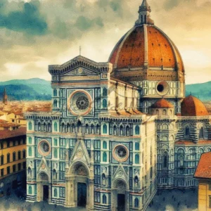 Artistic watercolor Florence Cathedral Santa Maria del Fiore cross stitch pattern for handmade embroidery