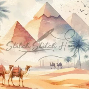 Mystical watercolor Giza Pyramid Complex Egypt desert with camels cross stitch pattern for handmade ancient wonders embroidery