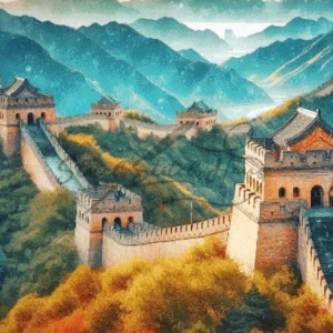 Magnificent watercolor Great Wall of China in Beijing cross stitch pattern for handmade world famous place embroidery