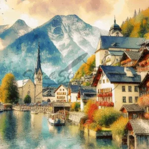 Picturesque watercolor Hallstatt Austria lakeside village cross stitch pattern for handmade alpine embroidery