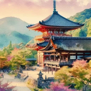 Serene watercolor Kiyomizudera Temple Kyoto Japan cross stitch pattern for handmade oriental embroidery