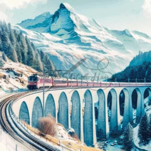 Breathtaking watercolor Landwasser Viaduct Switzerland with Glacier Express train cross stitch pattern for handmade embroidery