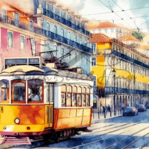 Vibrant watercolor Lisbon Portugal narrow street with yellow tram cross stitch pattern for handmade embroidery