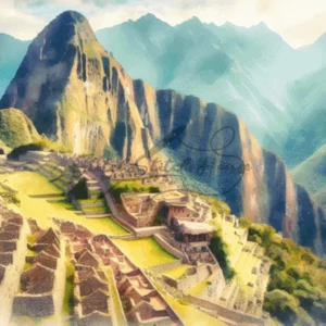 Artistic watercolor Machu Picchu Peru landscape cross stitch pattern for handmade embroidery