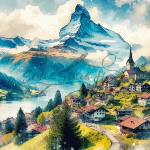 Stunning watercolor Matterhorn Zermatt Switzerland mountain view cross stitch pattern for handmade alpine embroidery