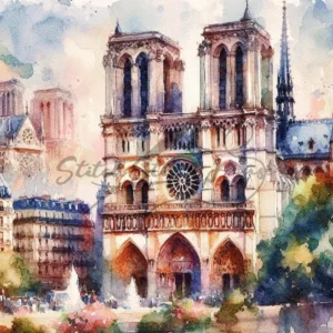 Exquisite watercolor Notre-Dame de Paris France cathedral cross stitch pattern for handmade Gothic architecture embroidery